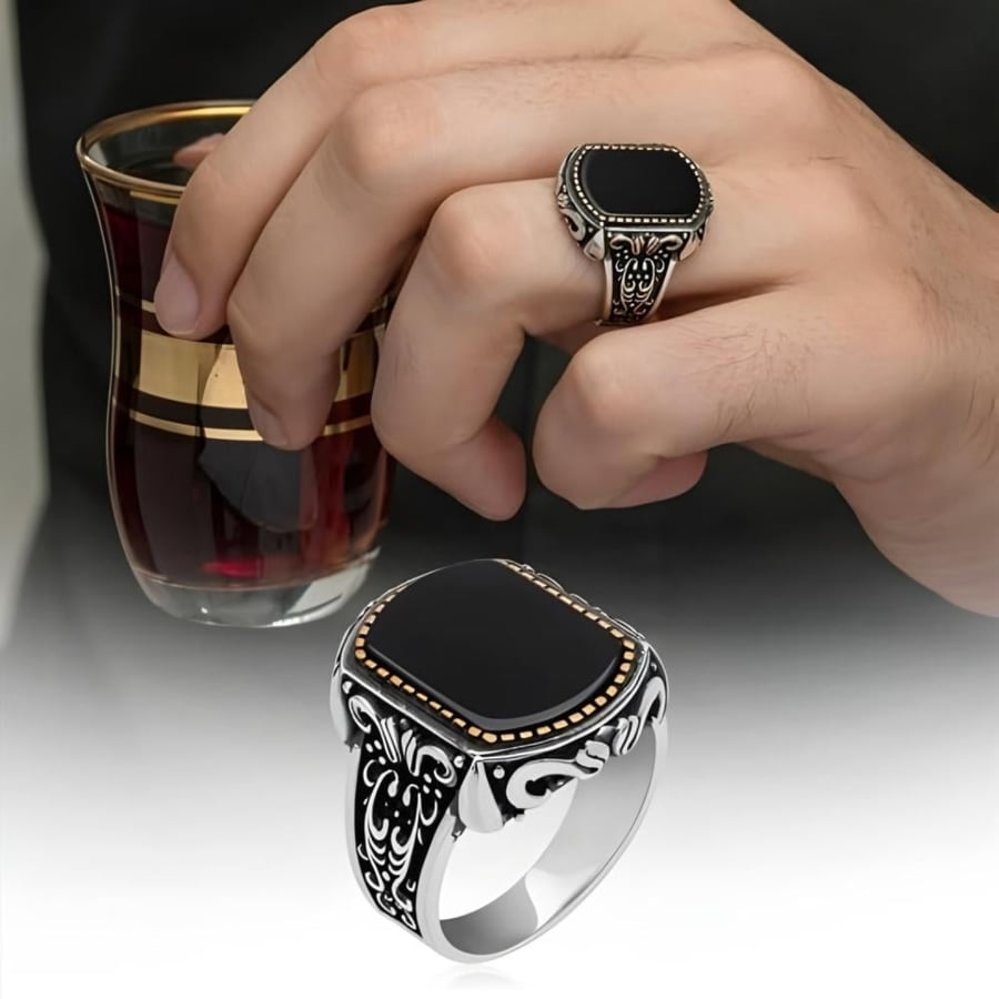 Elegant ring with a distinctive design made of pure silver - with an elegant black agate stone I-191