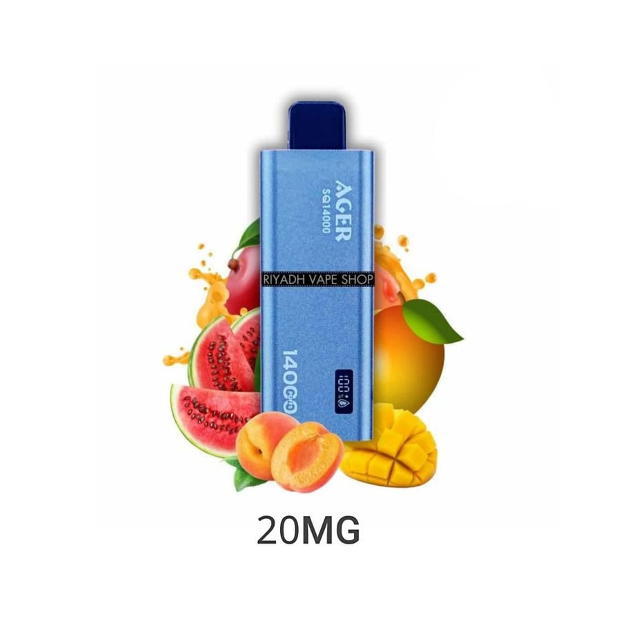 سحبة اجير اس كيو 14000 موشة 20نكتين بنكهة خوخ مانجو بطيخ AGER SQ 14000 PUFFS PEACH MANGO WATERMELON