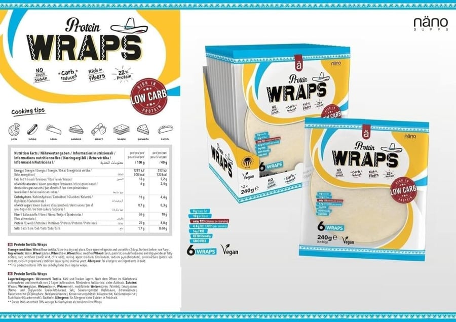 خبز تورتيلا كيتو عالي البروتين من نانو سابس 6 حبات*40جم - Nano Supps Protein Tortilla Wraps