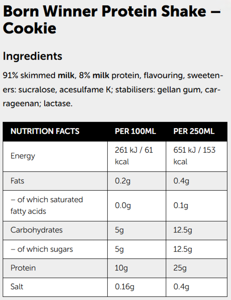 ميلك شيك بروتين من بورن وينر بنكهة الكوكيز 250مل - Born Winner Protein Milk Shake Cookie Flavour 250ml