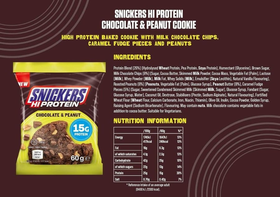 كوكيز عالي البروتين من سنيكرز شوكليت بينت 60جم كرتون 12 حبة - Snickers High Protein Cookies Chocolate Peanut 60g Box 12 Pieces
