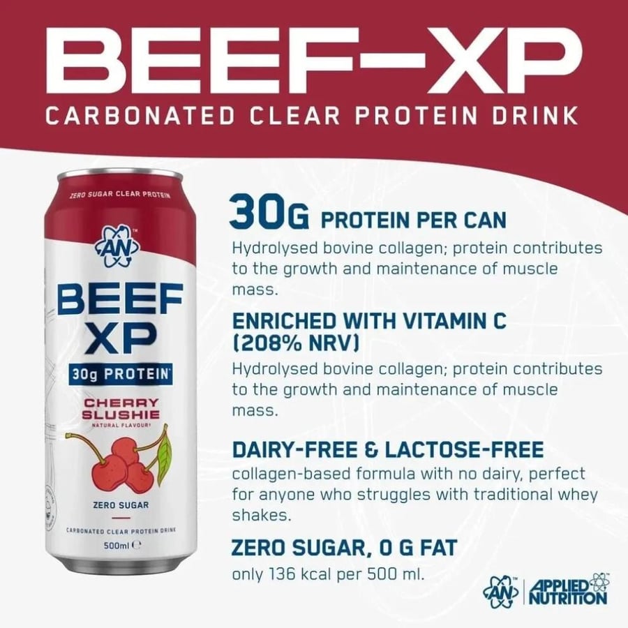 بيف اكس بي مشروب بروتين غازي من أبلايد نيوتريشن نكهة الكرز 500مل - كرتون 12 حبة - Applied Nutrition Beef-XP Carbonated Clear Beef Protein Cherry Slushie 500ml Box 12 Pieces