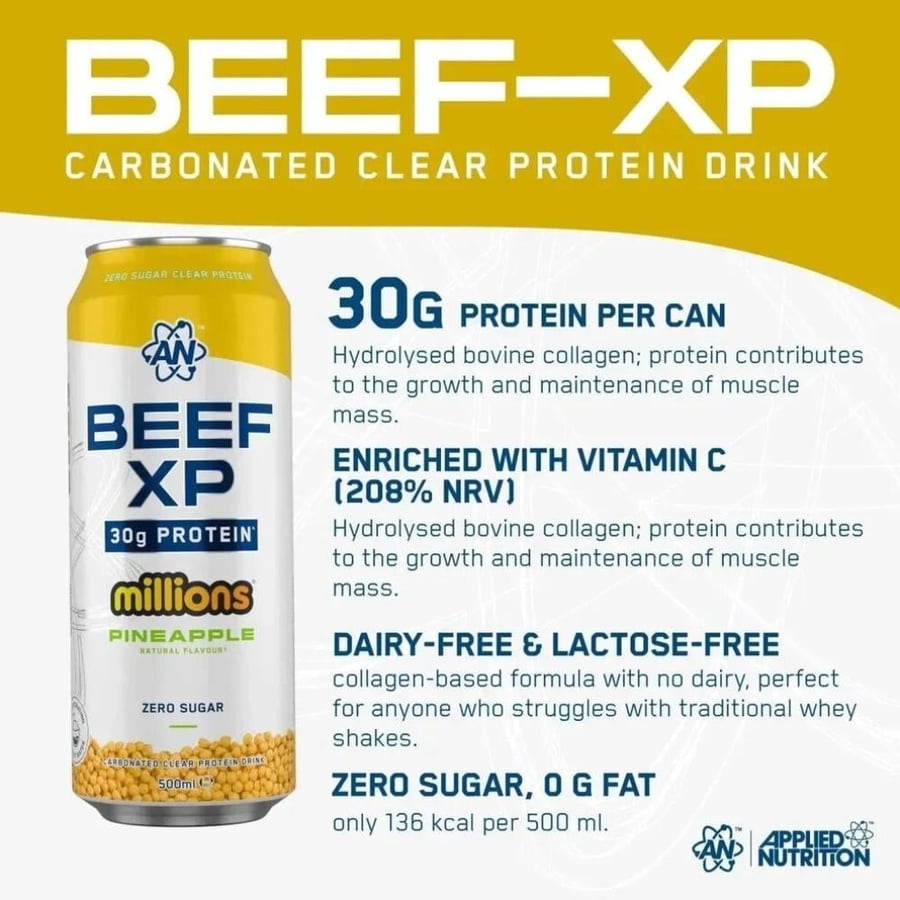 بيف اكس بي مشروب بروتين غازي من أبلايد نيوتريشن نكهة ميليونز أناناس 500مل - Applied Nutrition Beef-XP Carbonated Clear Beef Protein Millions Pineapple 500ml