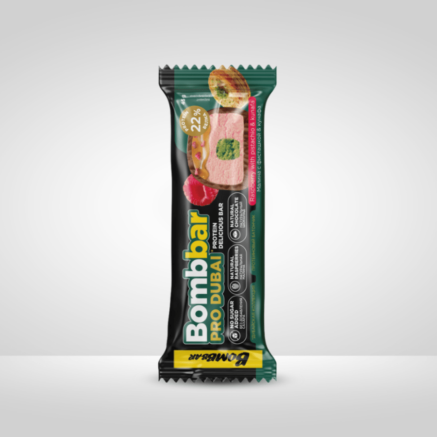بروتين بار بومبار برو دبي بالتوت الاحمر والبستشايو والكنافة 45جم - Bombbar Pro Dubai Protein Bar
