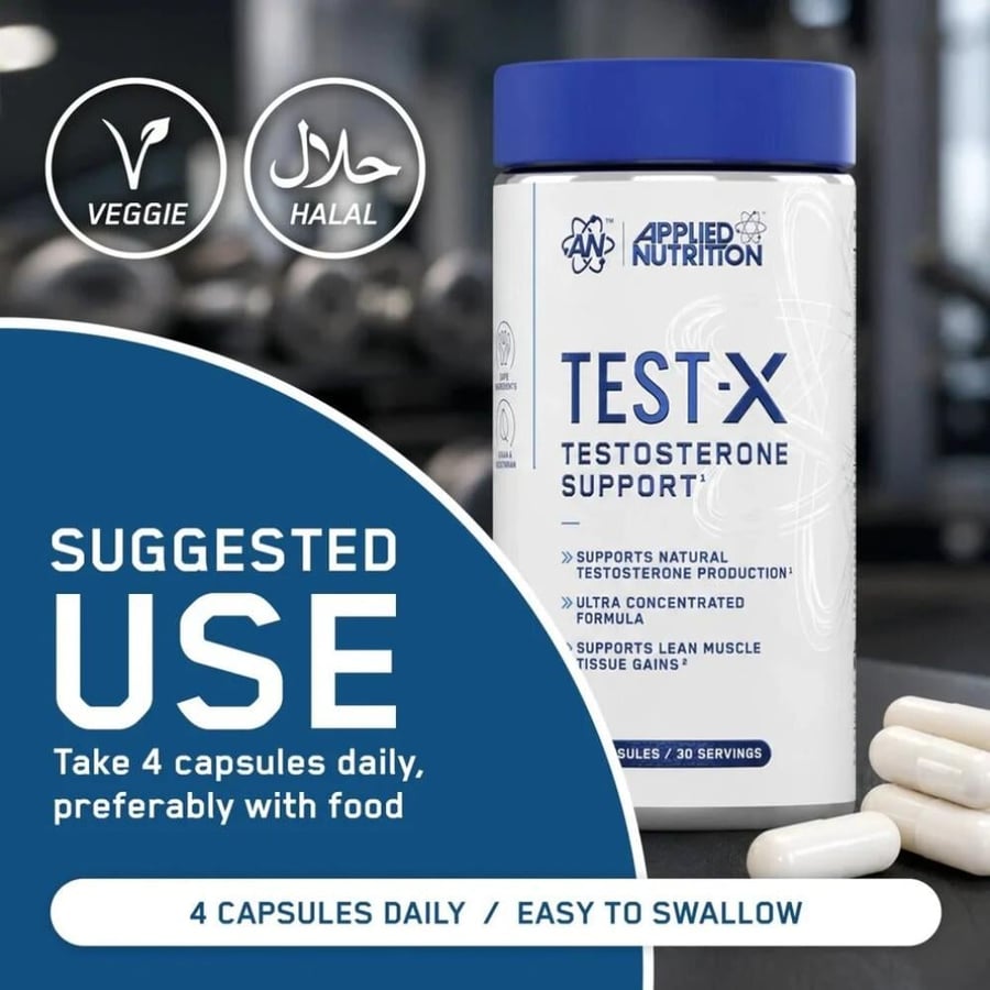 كبسولات تيست إكس لدعم التستوستيرون الطبيعي من ابلايد نيوتريشن 120 كبسولة - Applied Nutrition Test-X 30 Servings
