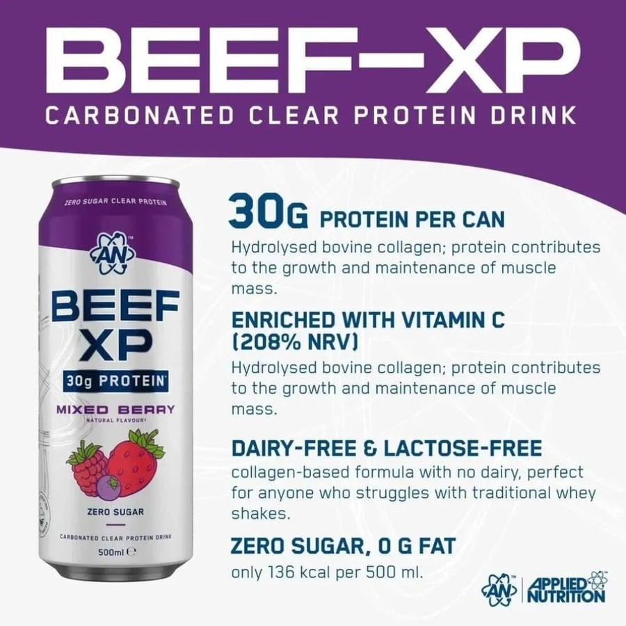 بيف اكس بي مشروب بروتين غازي من أبلايد نيوتريشن نكهة التوت المشكل 500مل - Applied Nutrition Beef-XP Carbonated Clear Beef Protein Mixed Berry 500ml