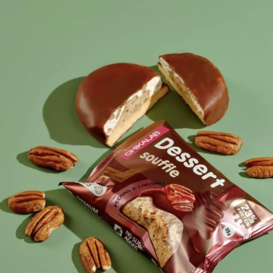 كوكيز بروتين ديسيرت سوفليه من شيكالاب بنكهة بيكان وكراميل 55جم - Chikalab Dessert Souffle Cookies Pecans Caramel 55g