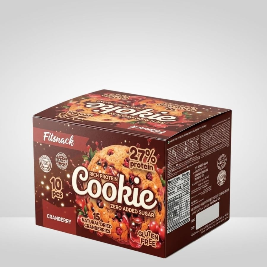 كوكيز بروتين من فيت سناك نكهة توت بري 65جم كرتون 10 حبة - Fitsnack Rich Protein Cookie Cranberry 65g Box 10 Pieces