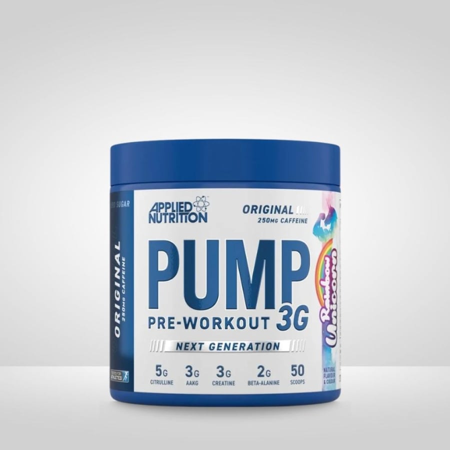 بامب 3جي مع كافيين من ابلايد نيوتريشن نكهة رينبو يونيكورن 375جم - Applied Nutrition Pre-Workout Pump 3G Rainbow Unicorn 375g