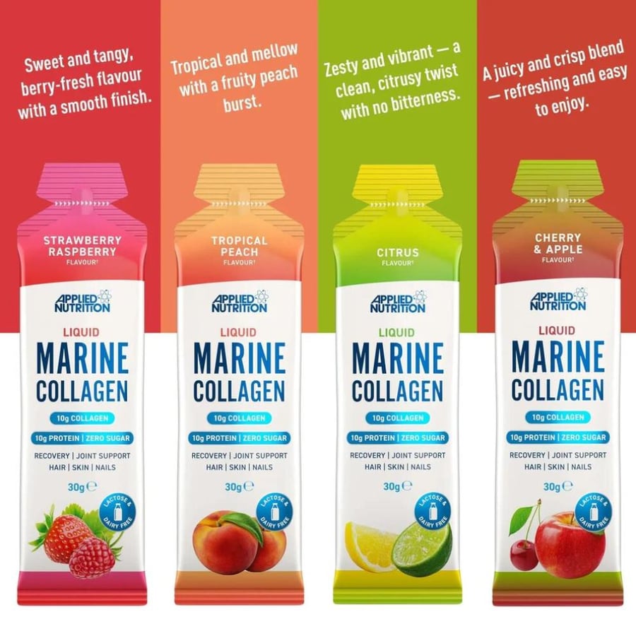 كولاجين بحري سائل من ابلايد نيوتريشن نكهة تفاح وكرز كرتون 10 حبة*30جم - Applied Nutrition Liquid Marine Collagen Cherry Apple