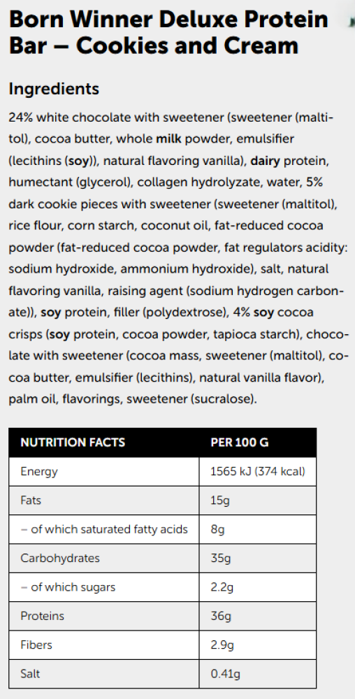 بروتين بار ديلوكس من بورن وينر عالي البروتين نكهة كوكيز كريم 55جم - Born Winner Deluxe High Protein Cookies Cream 55g