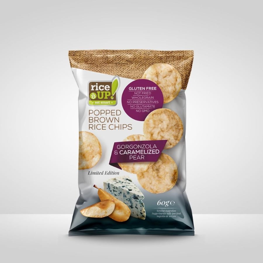 شيبس الأرز البني المقرمش من رايس أب بنكهة جبن الغورغونزولا والكمثرى المكرملة 60جم - Rice Up Brown Rice Chips Gorgonzola & Caramelized Pear 60g