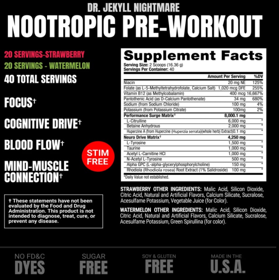 مكمل طاقة دكتور جيكيل نايتمير من بروسابس فراولة & بطيخ 40 سيرف - Pro Supps DR JEKYLL Nightmare Stim-Free Nootropic Pre-Workout Strawberry & Watermelon 40 Servings