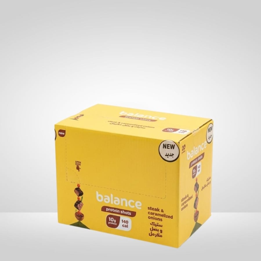 بالانس بروتين شوتس ستيك وبصل مكرمل 35جم كرتون 20 حبة - Balance Protein Shots Steak Caramelized Onions 35g Box 20 Pieces