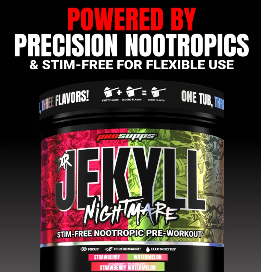 مكمل طاقة دكتور جيكيل نايتمير من بروسابس فراولة & بطيخ 40 سيرف - Pro Supps DR JEKYLL Nightmare Stim-Free Nootropic Pre-Workout Strawberry & Watermelon 40 Servings