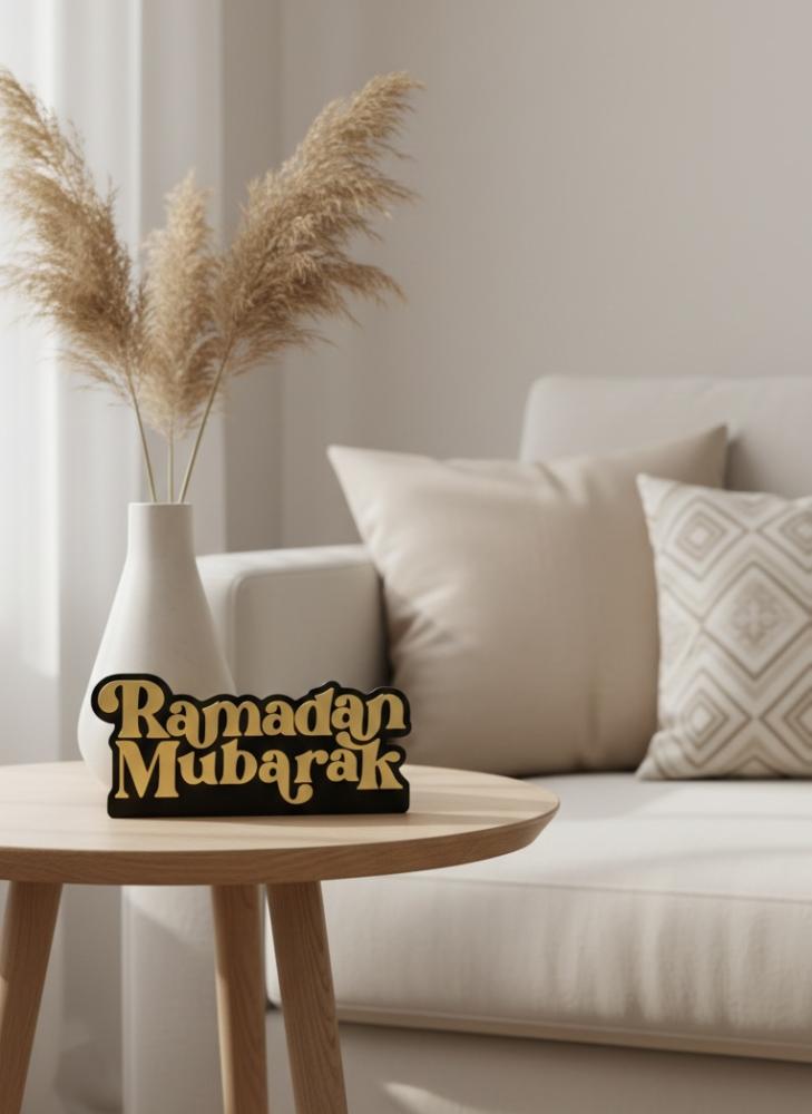 Ramadan Mubarak phrase in English for table decor with elegant Islamic design