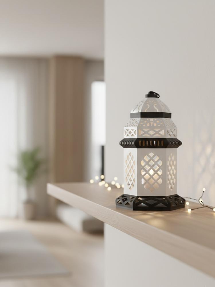 فانوس رمضان أنيق مع 3 شموع LED – ديكور رمضاني بإضاءة دافئة وآمنة