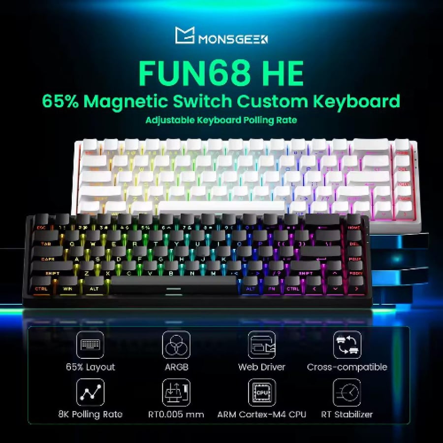 كيبورد 65% للألعاب 8K ثلاثي الأنماط واضاءة RGB | اللون الأبيض
