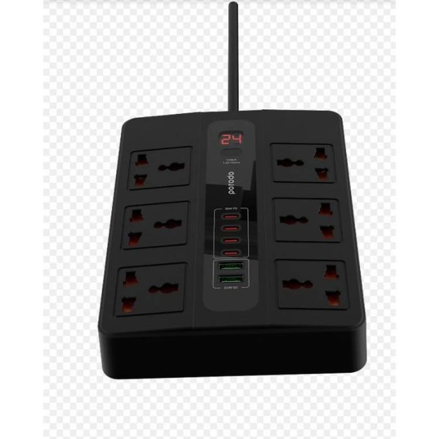 بورودو توصيلة بمؤقت ذاتي 6 افياش طاقة و 2 منافذ USB و4منافذ PD بقوة 36 واط بطول 2 متر Porodo Multi-Port Super Hub 4 USB-C & 2 USB-A Ultimate Home & Office Kit - 2m - Black