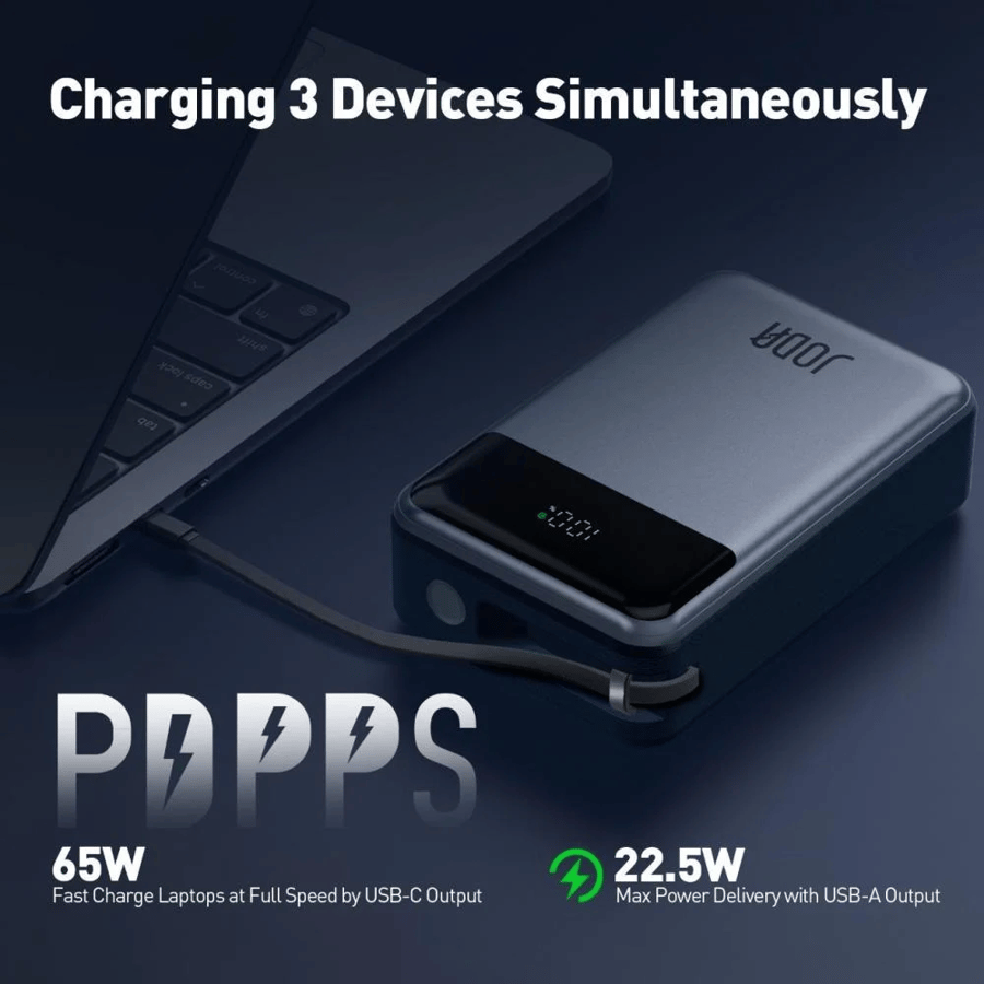 JODA 20000mAh 65W Power Bank with Type-C and USB Port with Built-in Type-C Cable