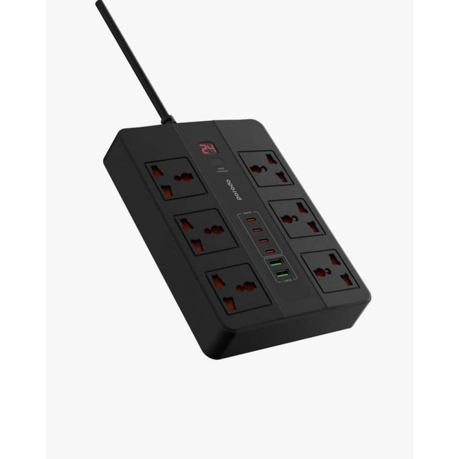 بورودو توصيلة بمؤقت ذاتي 6 افياش طاقة و 2 منافذ USB و4منافذ PD بقوة 36 واط بطول 2 متر Porodo Multi-Port Super Hub 4 USB-C & 2 USB-A Ultimate Home & Office Kit - 2m - Black