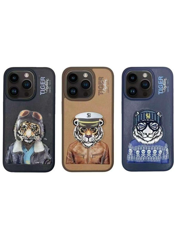 غلاف ايفون جلد من سلسلة Polo Fergus Tiger مع حروف بارزة ثلاثية الأبعاد وتصميم مطرز لهاتف PRO MAX / iPhone 15 Pro - اسود