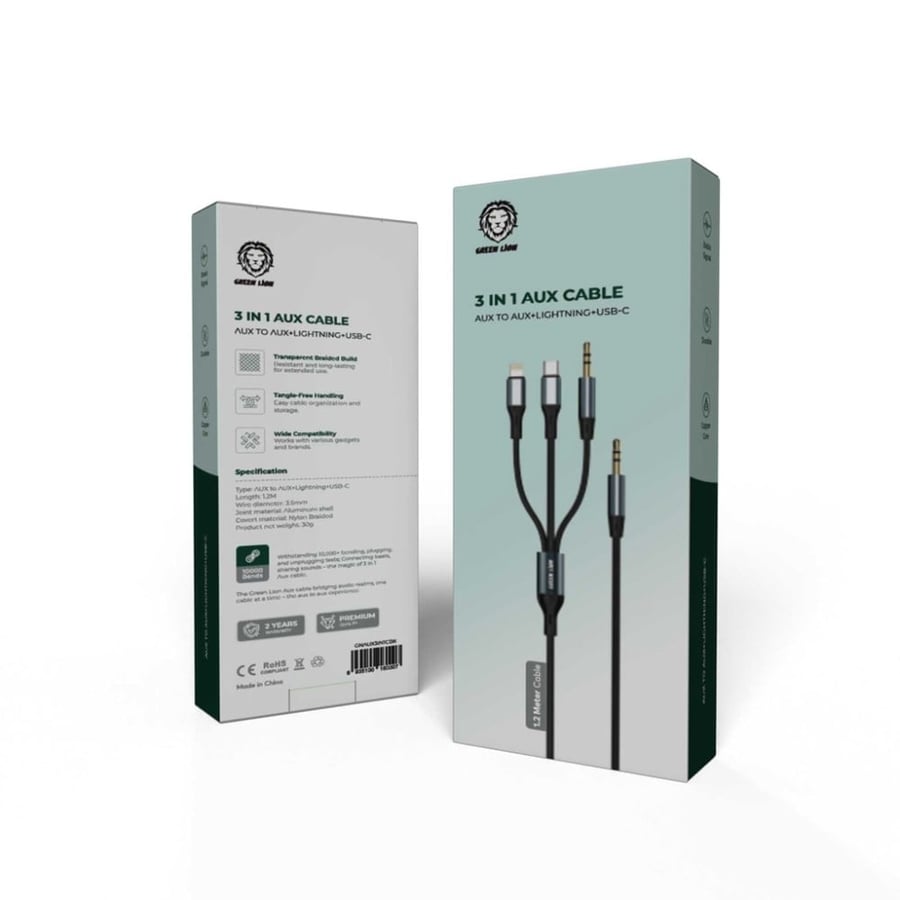 جرين ليون - كابل AUX 3 في 1 (Aux / Lightning / Type-C) 1.2 متر 3.5 ملم - أسود