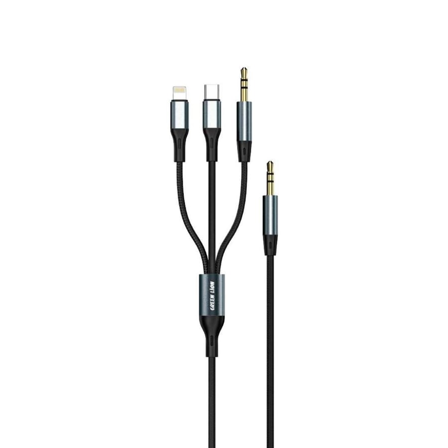 جرين ليون - كابل AUX 3 في 1 (Aux / Lightning / Type-C) 1.2 متر 3.5 ملم - أسود