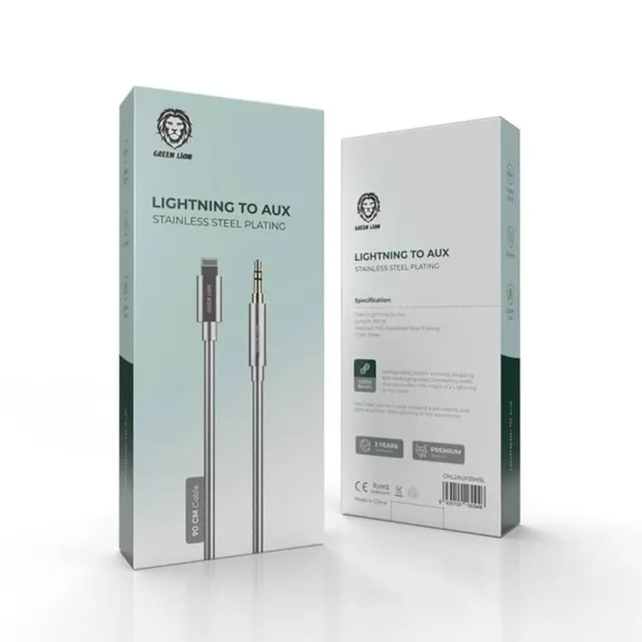 كابل Green Lion Non-MFi Lightning إلى AUX 3.5 ملم مطلي بالستانلس ستيل 90 سم - فضي