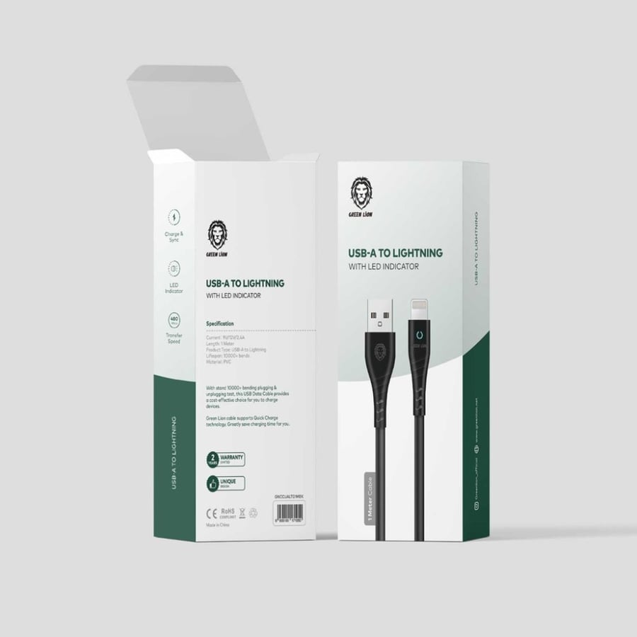 كابل Green Lion  USB-A إلى Lightning LED بطول 1 متر - أسود