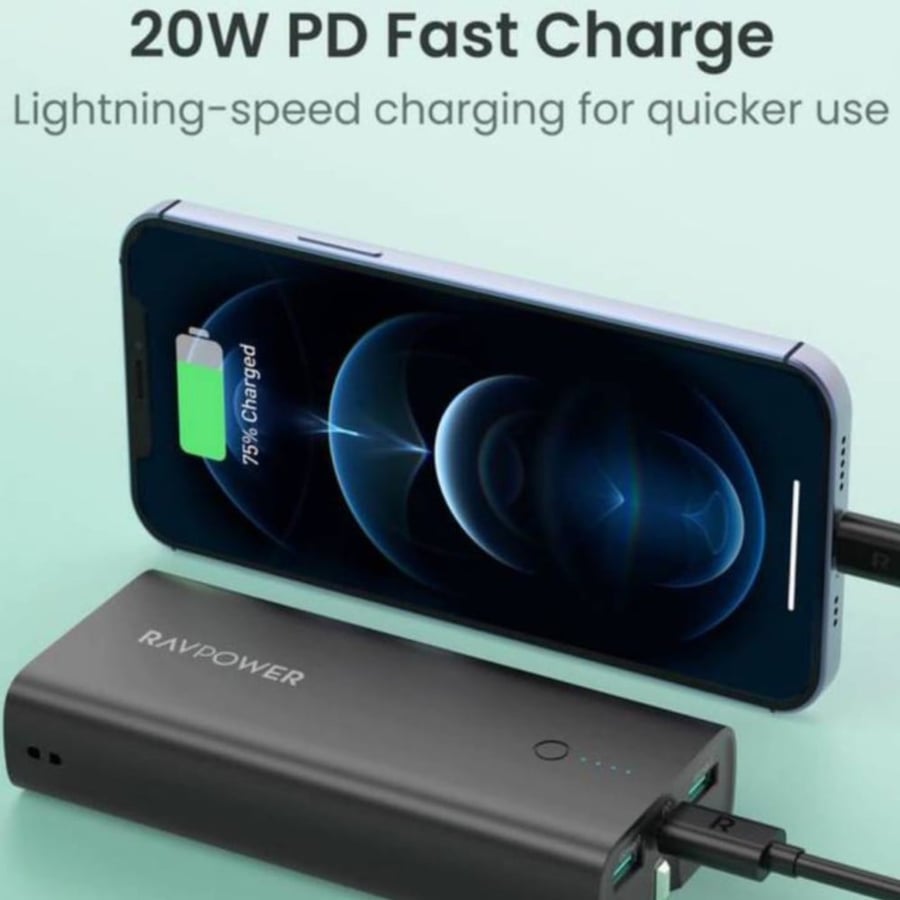 راف باور بطارية 10000 mAh مع شاحن جداري مدمج منفذين يو اس بي ومنفذ تايب سي بتقنية بي دي 20 واط