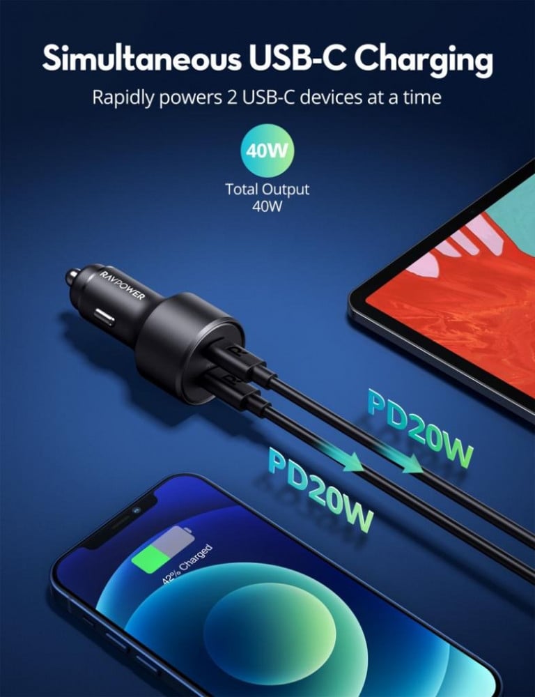 شاحن سيارة راف باور بايونير 50 واط بمنفذين USB-C