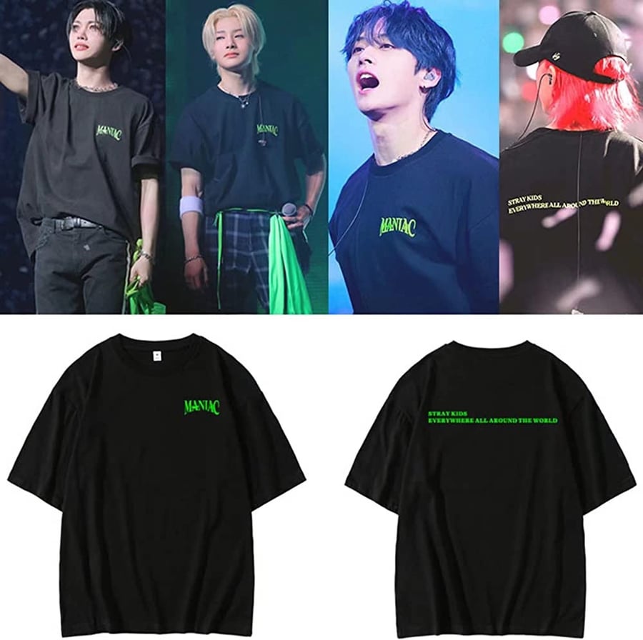 تيشيرت بطباعة شعار مينياك Maniac وكتابة من الخلف ستراي كيدز Stray kids