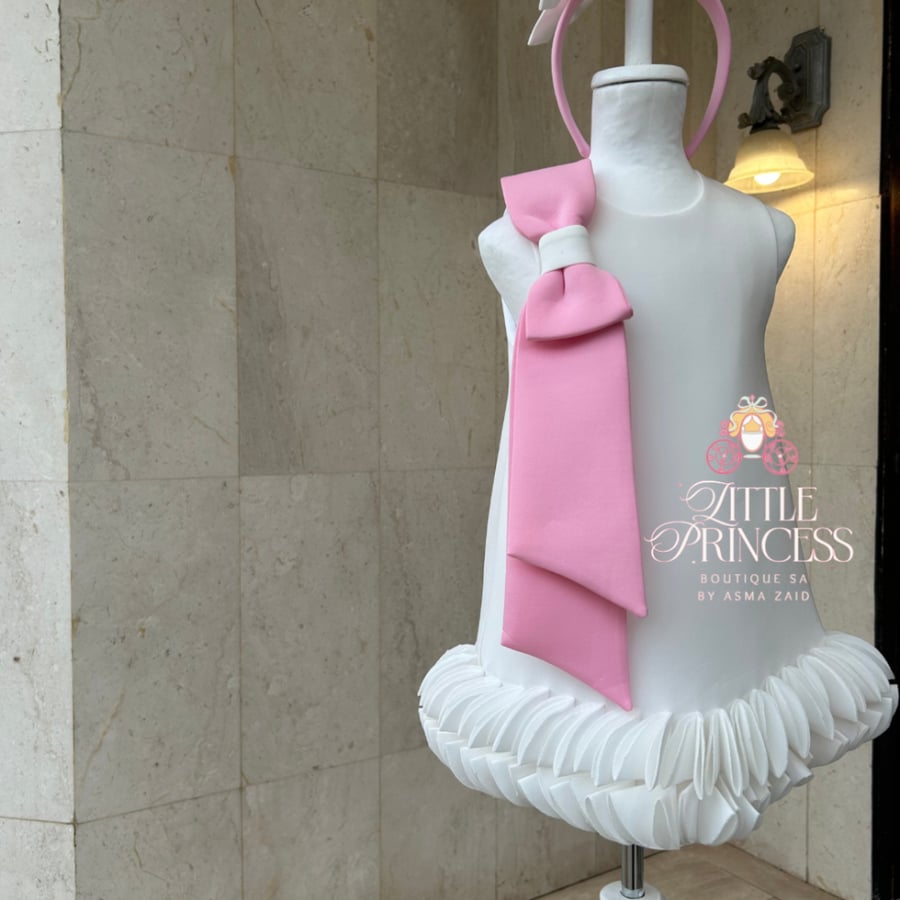 Elegance white dress with pink bow + hairband فستان الاناقة + اكسسوار الشعر