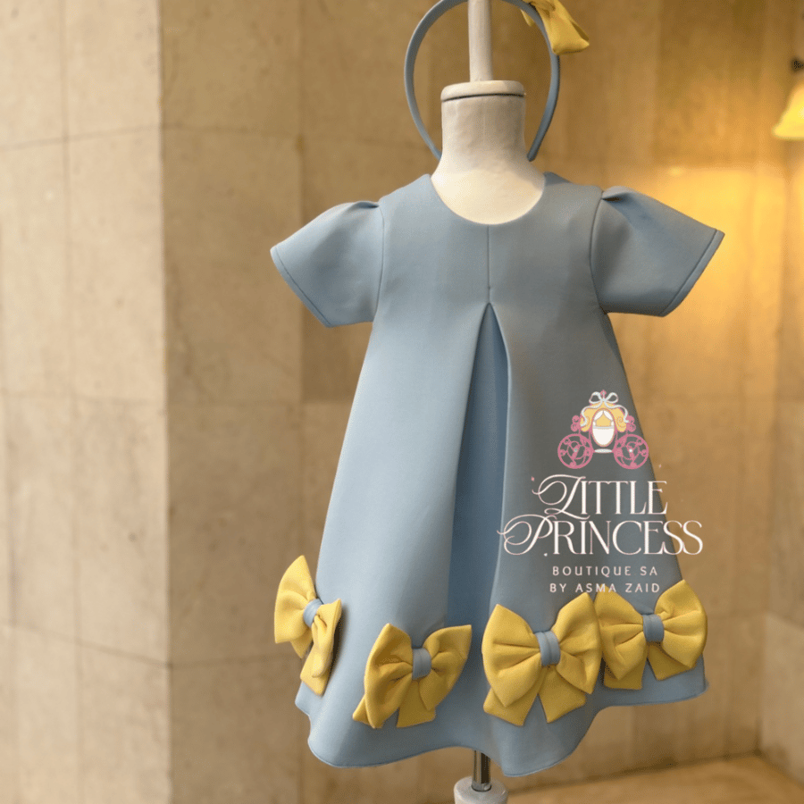 Light blue and yellow bow dress + hairband فستان الفيونكات السماوي  +اكسسوار
