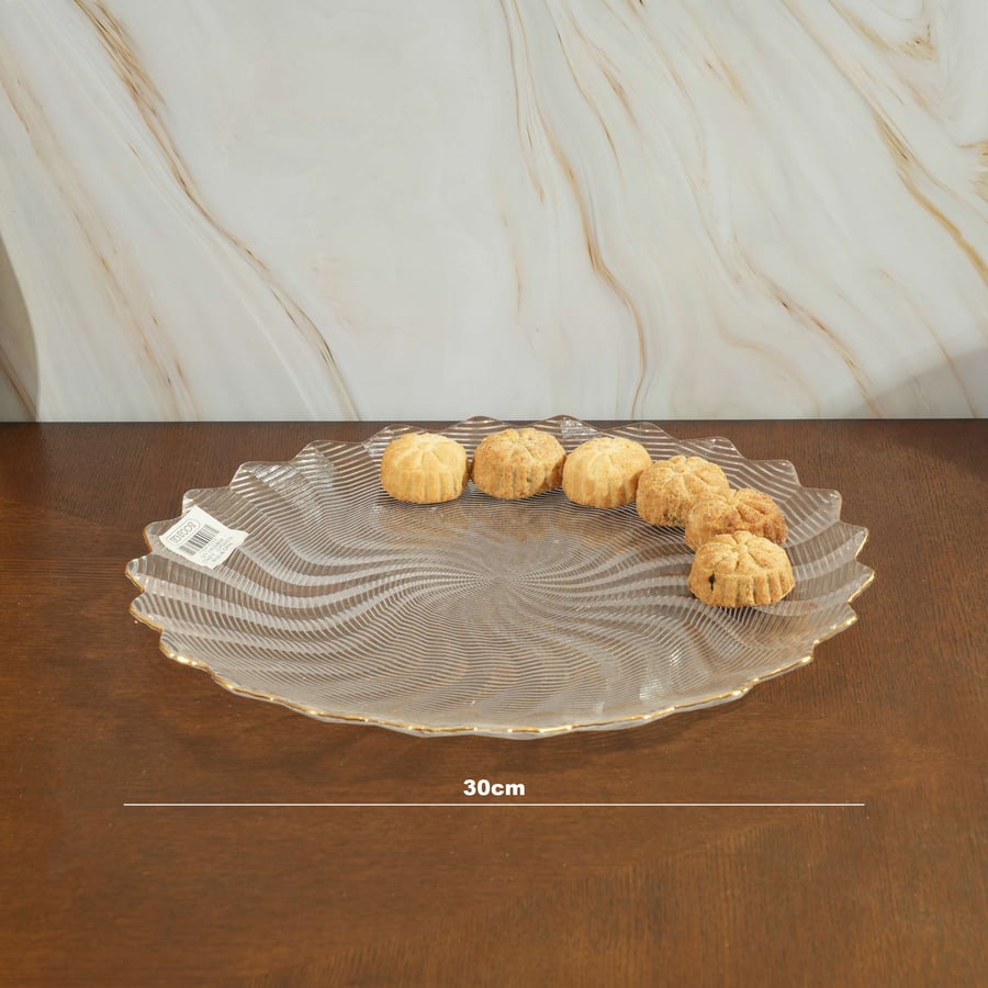 صحن تقديم الحلوي زجاج بتصميم مميز لون شفاف مقاس 33x33 سم