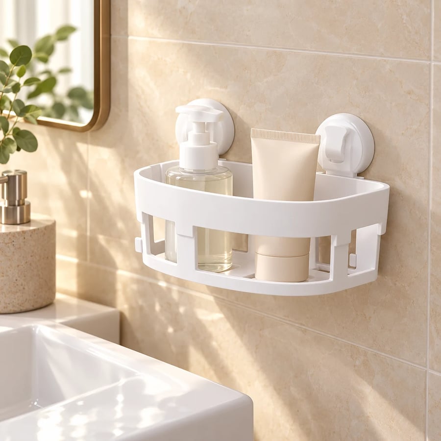 رف حمام زاوية Bathlux بتصميم عملي لتخزين وتنظيم مستلزمات الحمام مع تثبيت بالشفط