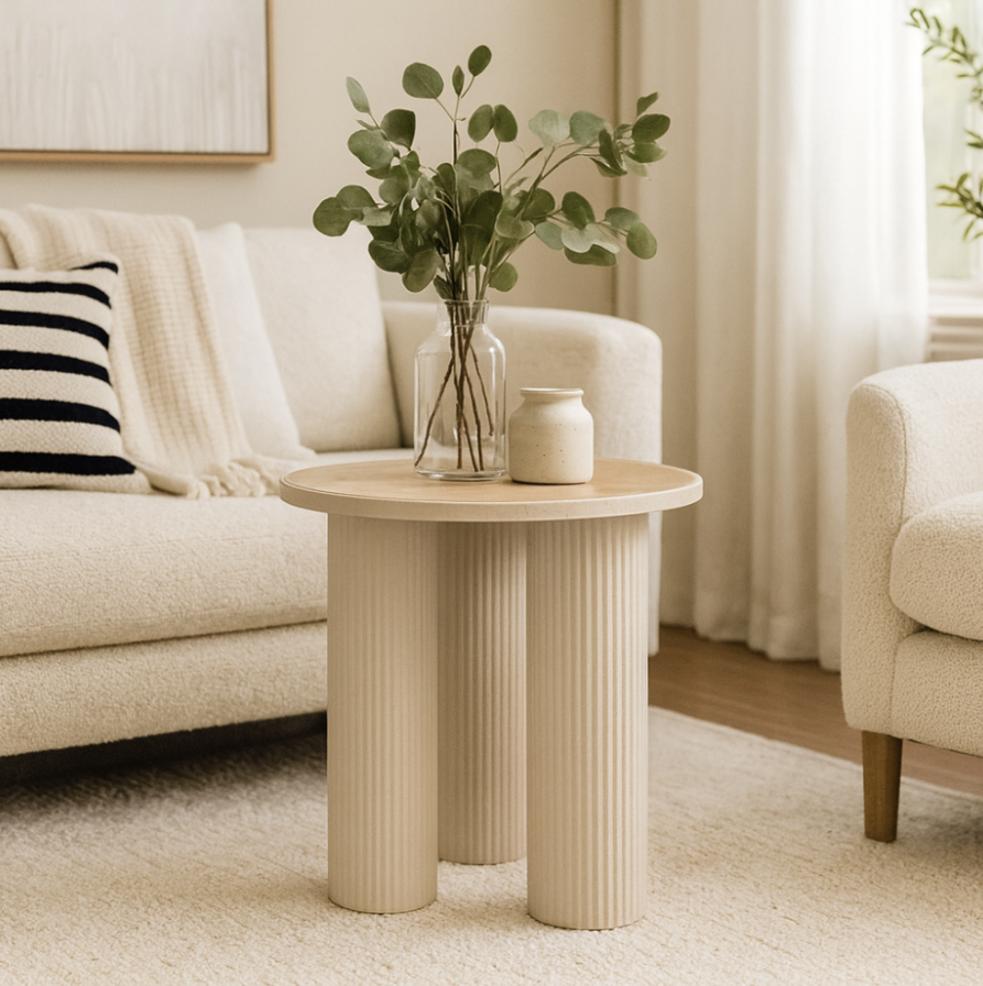 Elegant round side table with three legs and wooden surface - brown and beige color