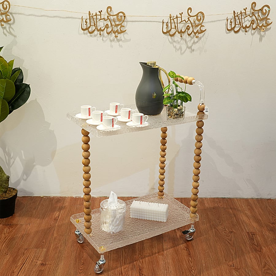 عربة ترولى اكريلك X خشب بيد لتقديم الحلوى و المشروبات بتصميم مميز  باللون الشفاف x بيج 2 دور مقاس 35x60x90 سم