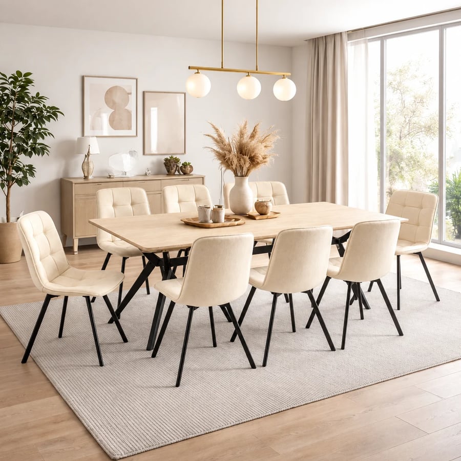طاولة طعام خشب مع 8 كراسي أوف وايت بتصميم مودرن وكراسي مبطنة أنيقة