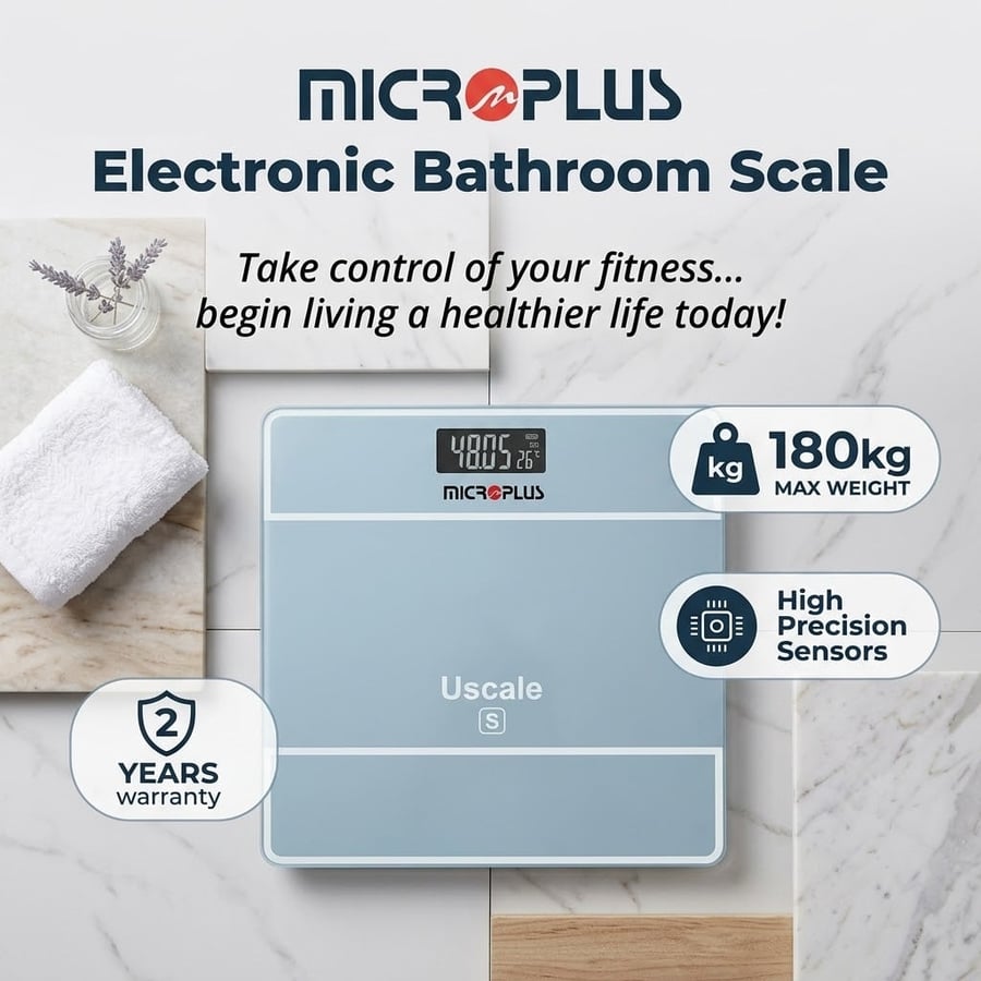 ميزان وزن إلكتروني ديجيتال ميكرو بلس MICROPLUS بحساسات عالية الدقة حتى 180 كجم - أزرق فاتح