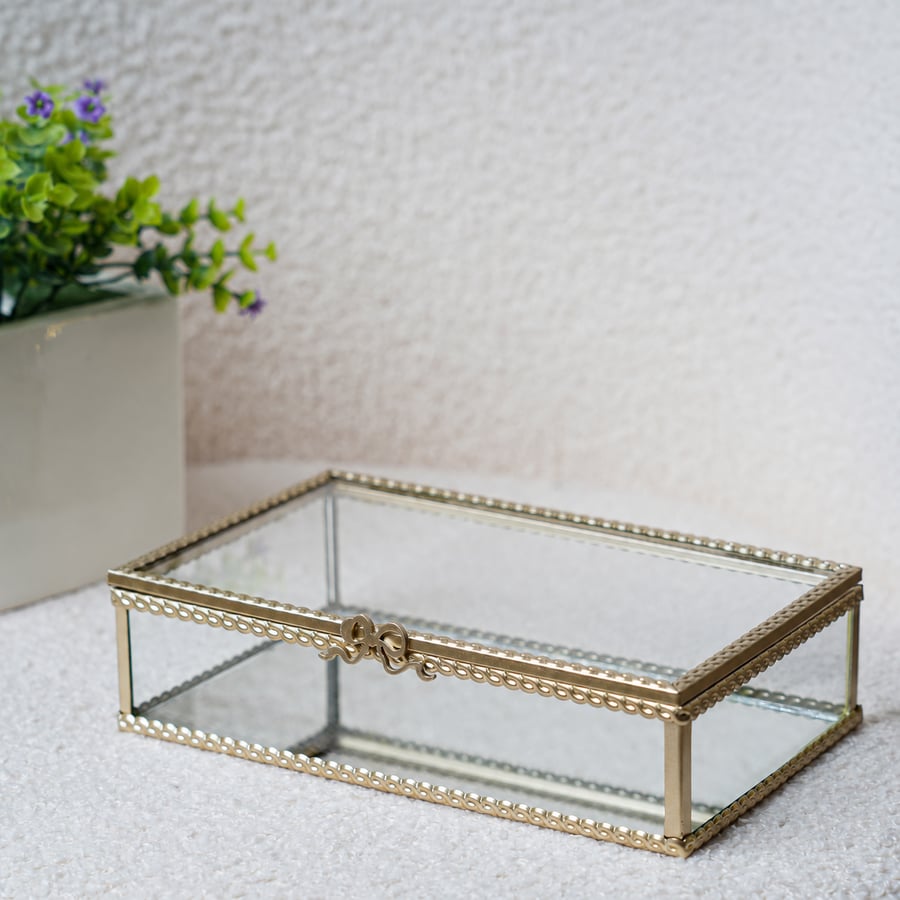 منظم إكسسوارات زجاج شفاف بقاعدة مرايا وإطار ذهبي 20×13 سم