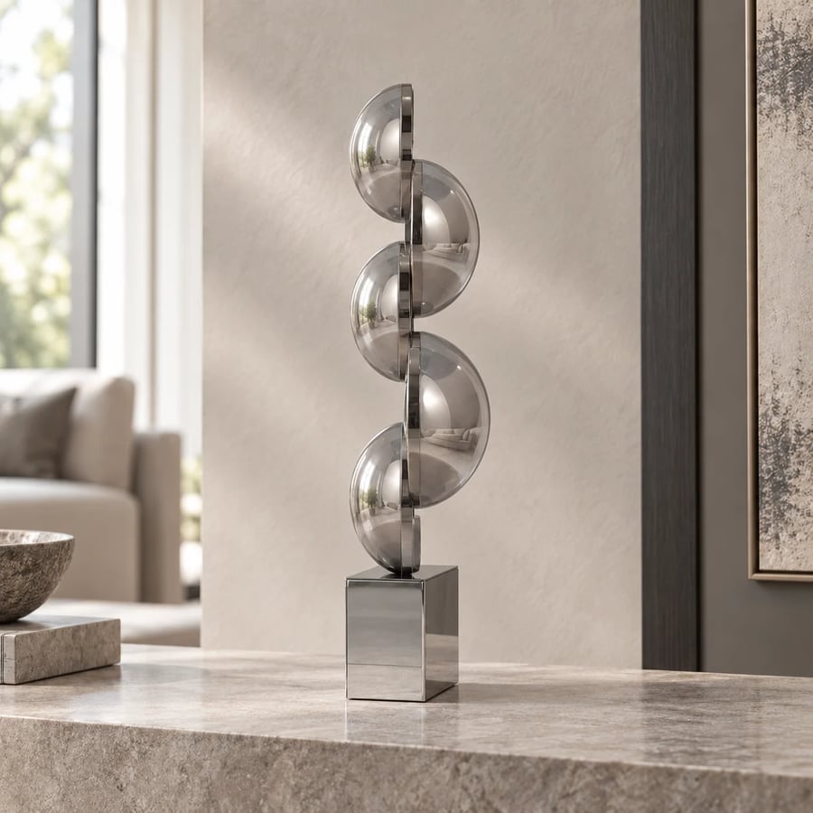 قطعة ديكور فنية فضية بتصميم هندسي دائري وقاعدة مربعة - 30×10 سم