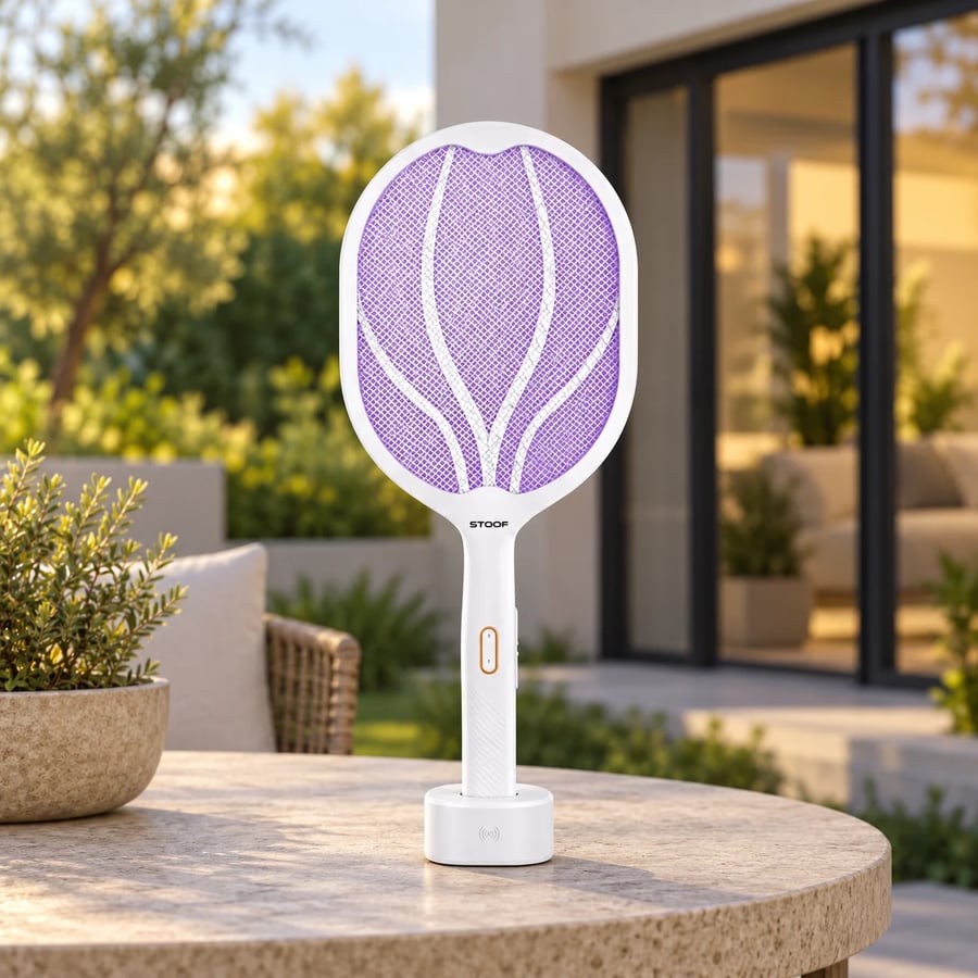 مضرب ناموس كهربائي قابل للشحن ستوف STOOF ST-1506 مع إضاءة LED وقاعدة تثبيت وضمان سنتين - أبيض