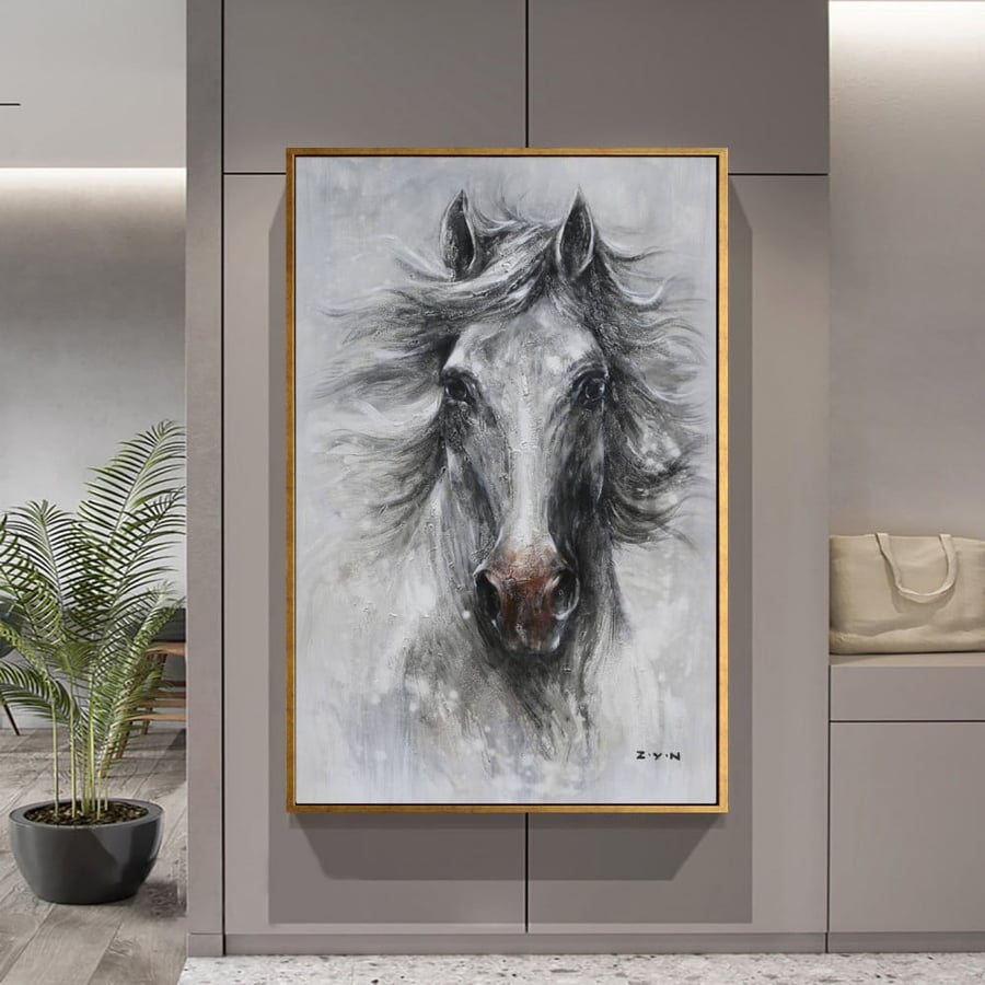 لوحة قماشية بتصميم خيل باللون الأبيض والأسود مقاس 60x90 سم