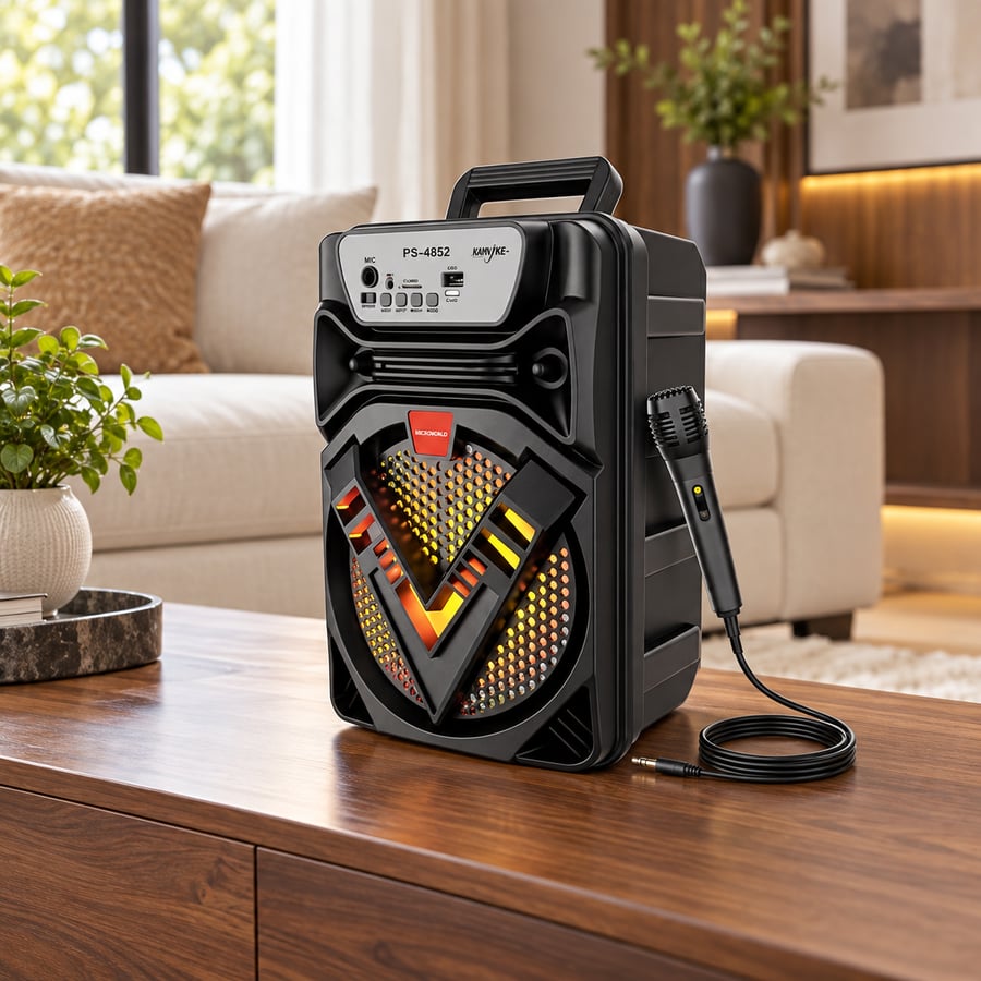 سماعة ميكرو بلس PS-4852 محمولة مع مايكروفون وإضاءة RGB – 15 واط – 6.5 بوصة