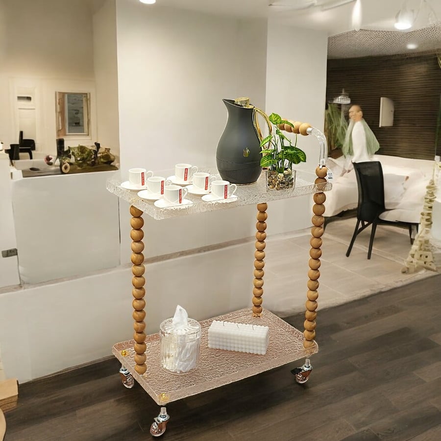 عربة ترولى اكريلك X خشب بيد لتقديم الحلوى و المشروبات بتصميم مميز  باللون الشفاف x بيج 2 دور مقاس 35x60x90 سم
