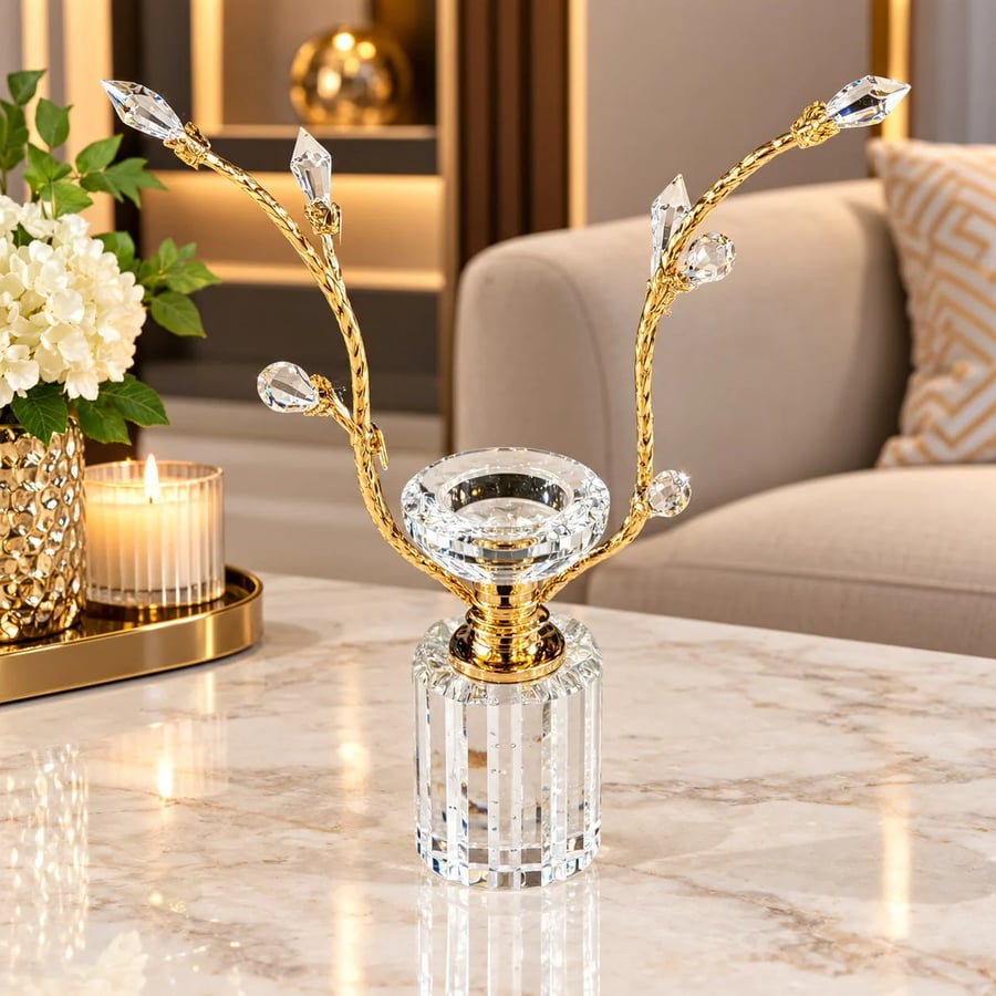 تحفة كريستال بتفاصيل ذهبية وتصميم أغصان - 30×25×25 سم