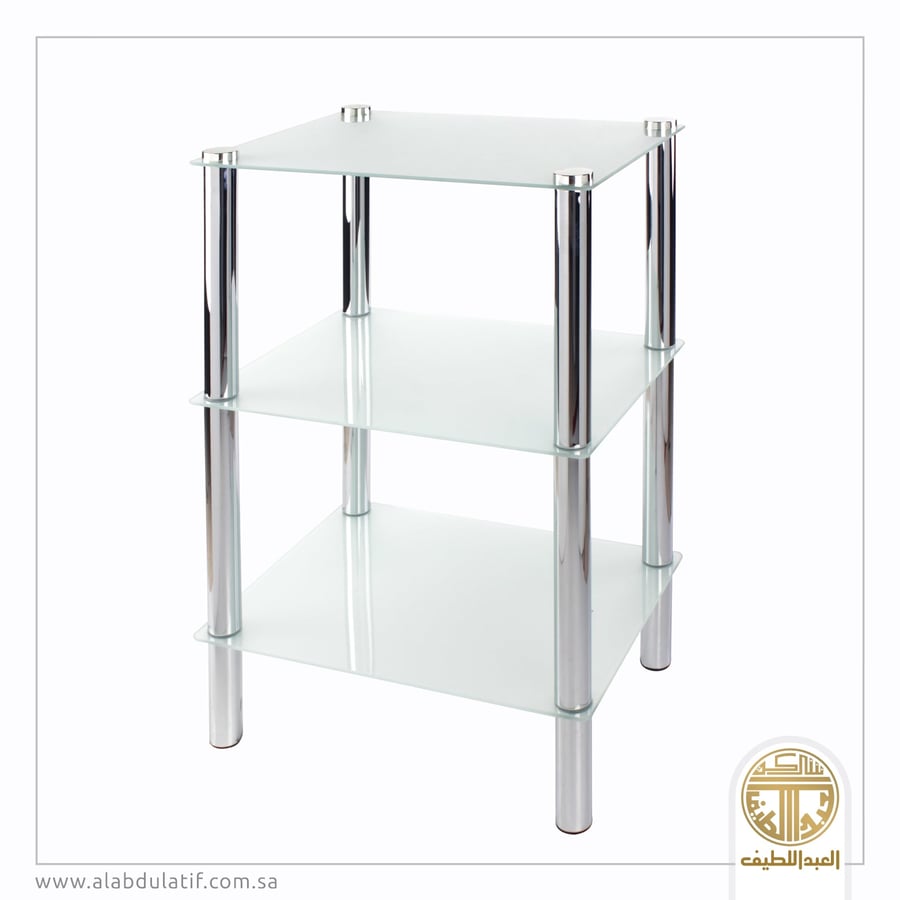 طاولة زجاج مثلج 3 أدوار بأعمدة استيل 77×40×30 سم