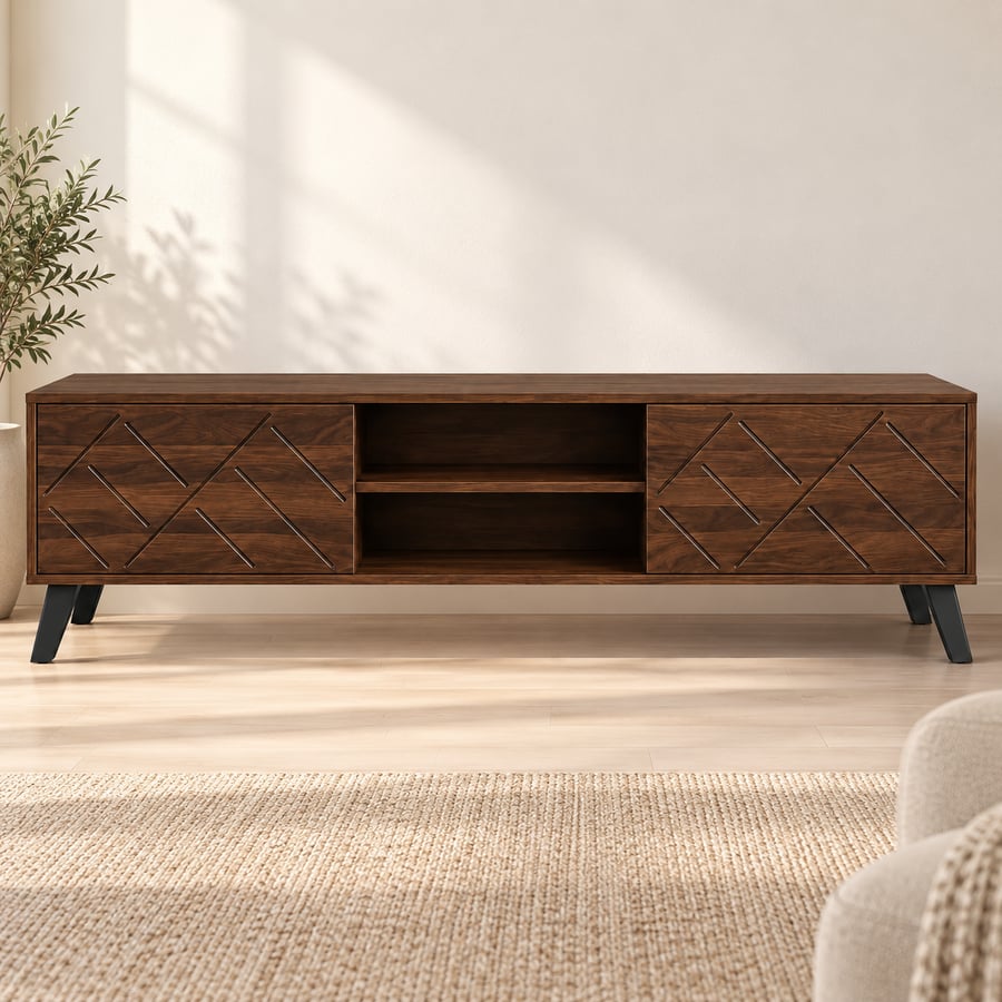 طاولة تلفزيون من خشب MDF بمقاس 160×40×50 سم، بتصميم بني وأرجل سوداء